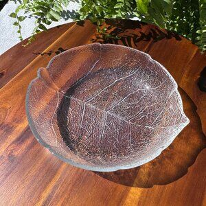 Vintage Arcoroc France Aspen Leaf Glass Bowl | 1970s Clear Textured Glass Dish